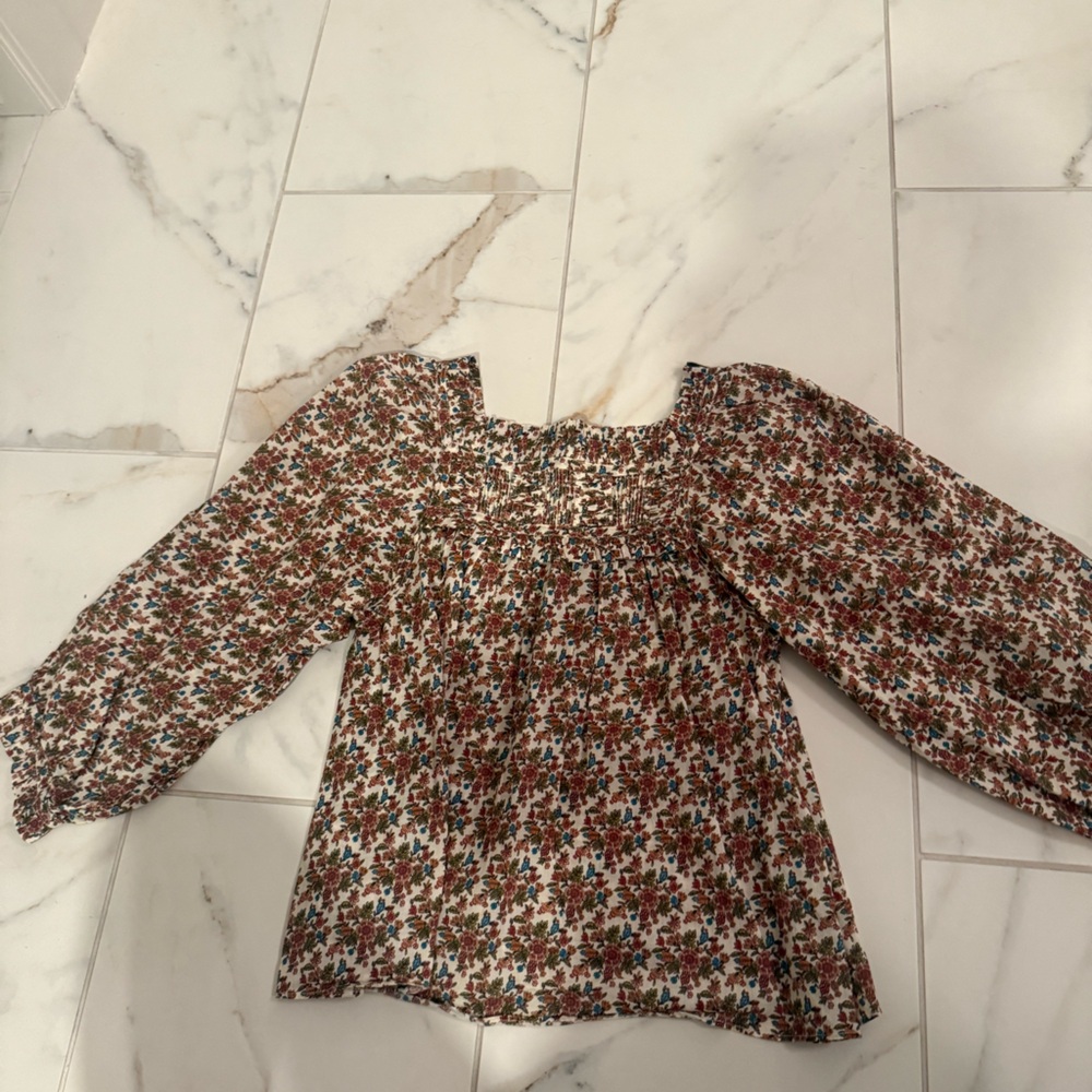 Doen Cream Floral Smocked Blouse with Rust and Teal Accents